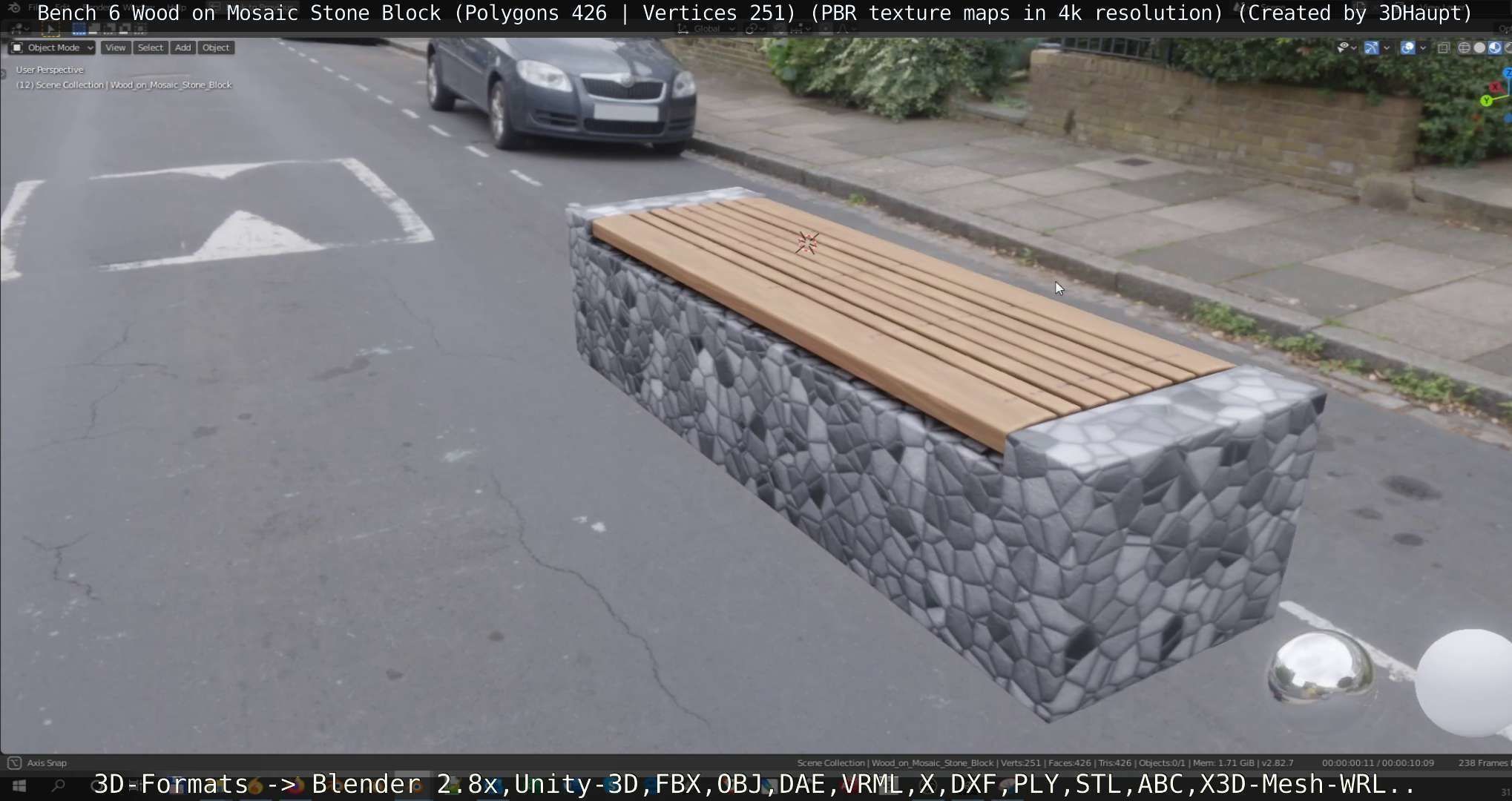 Bench 6 Wood on Mosaic Stone Block Low-poly 3D model_14