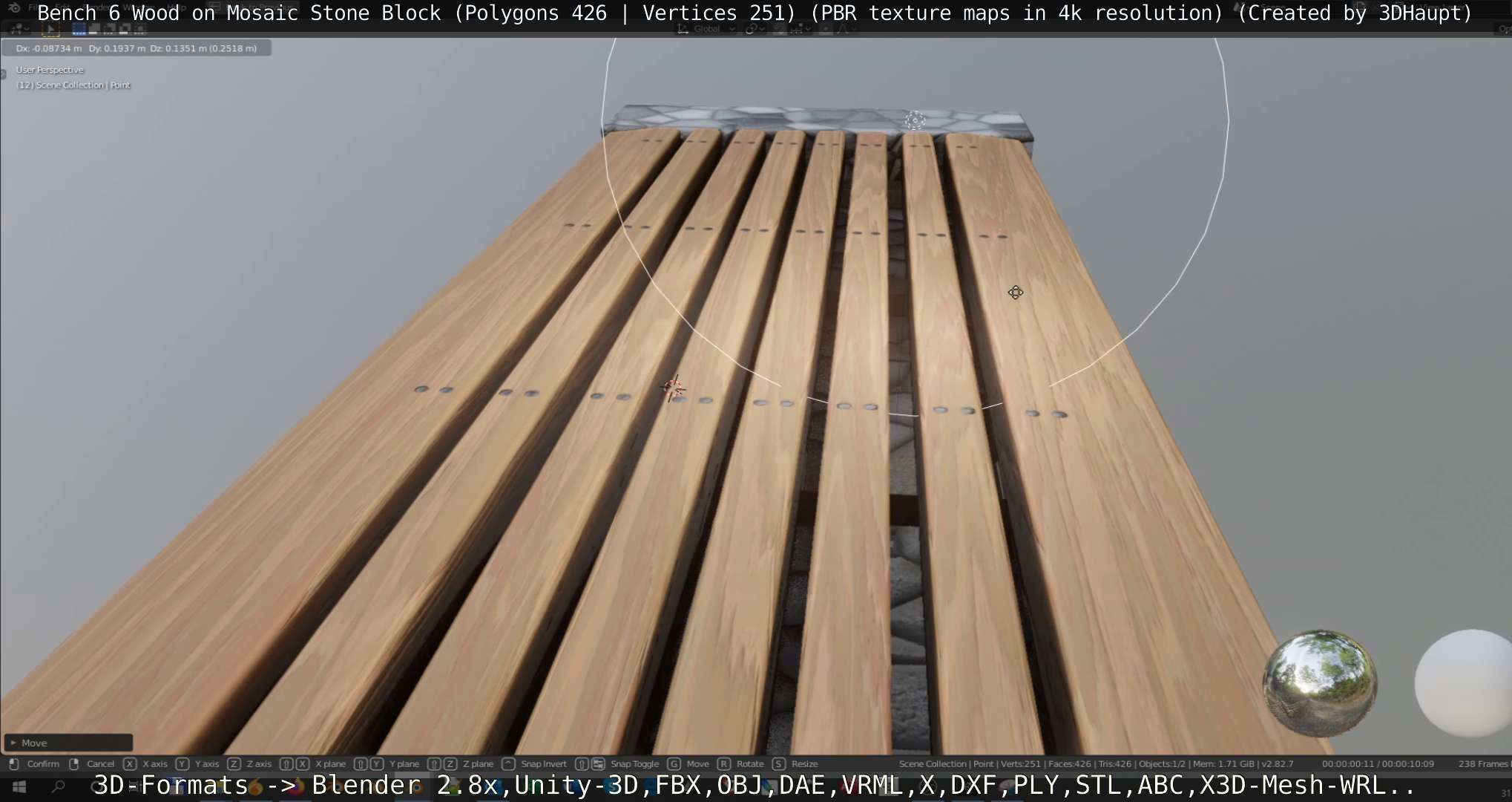 Bench 6 Wood on Mosaic Stone Block Low-poly 3D model_113