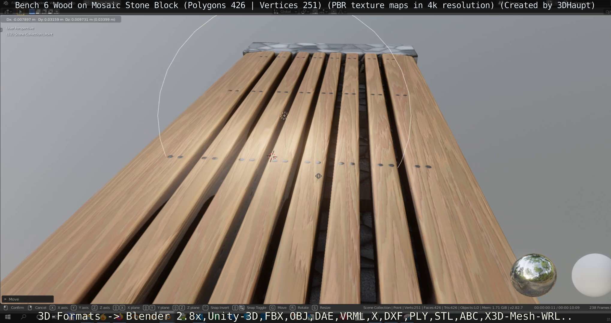 Bench 6 Wood on Mosaic Stone Block Low-poly 3D model_109