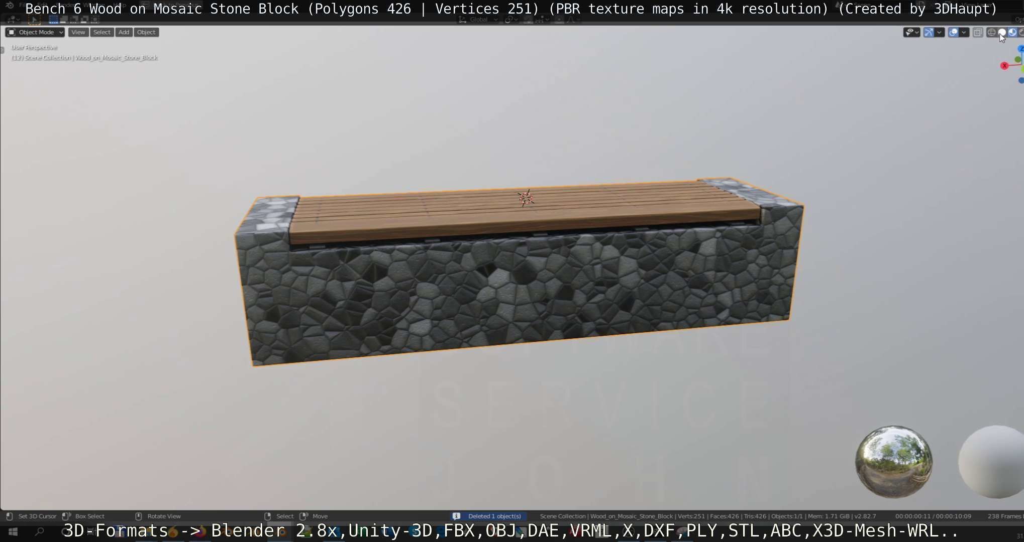 Bench 6 Wood on Mosaic Stone Block Low-poly 3D model_78