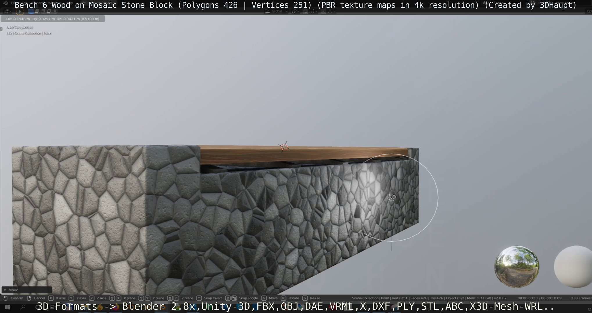 Bench 6 Wood on Mosaic Stone Block Low-poly 3D model_17