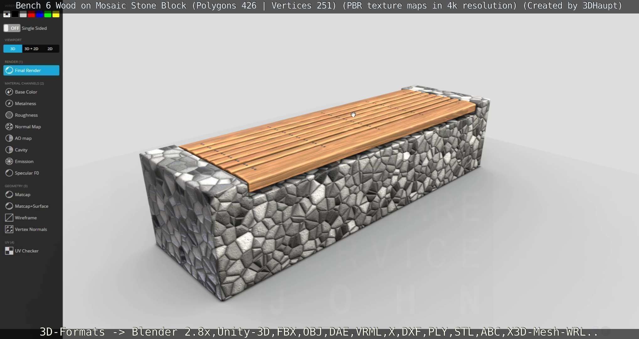 Bench 6 Wood on Mosaic Stone Block Low-poly 3D model_81