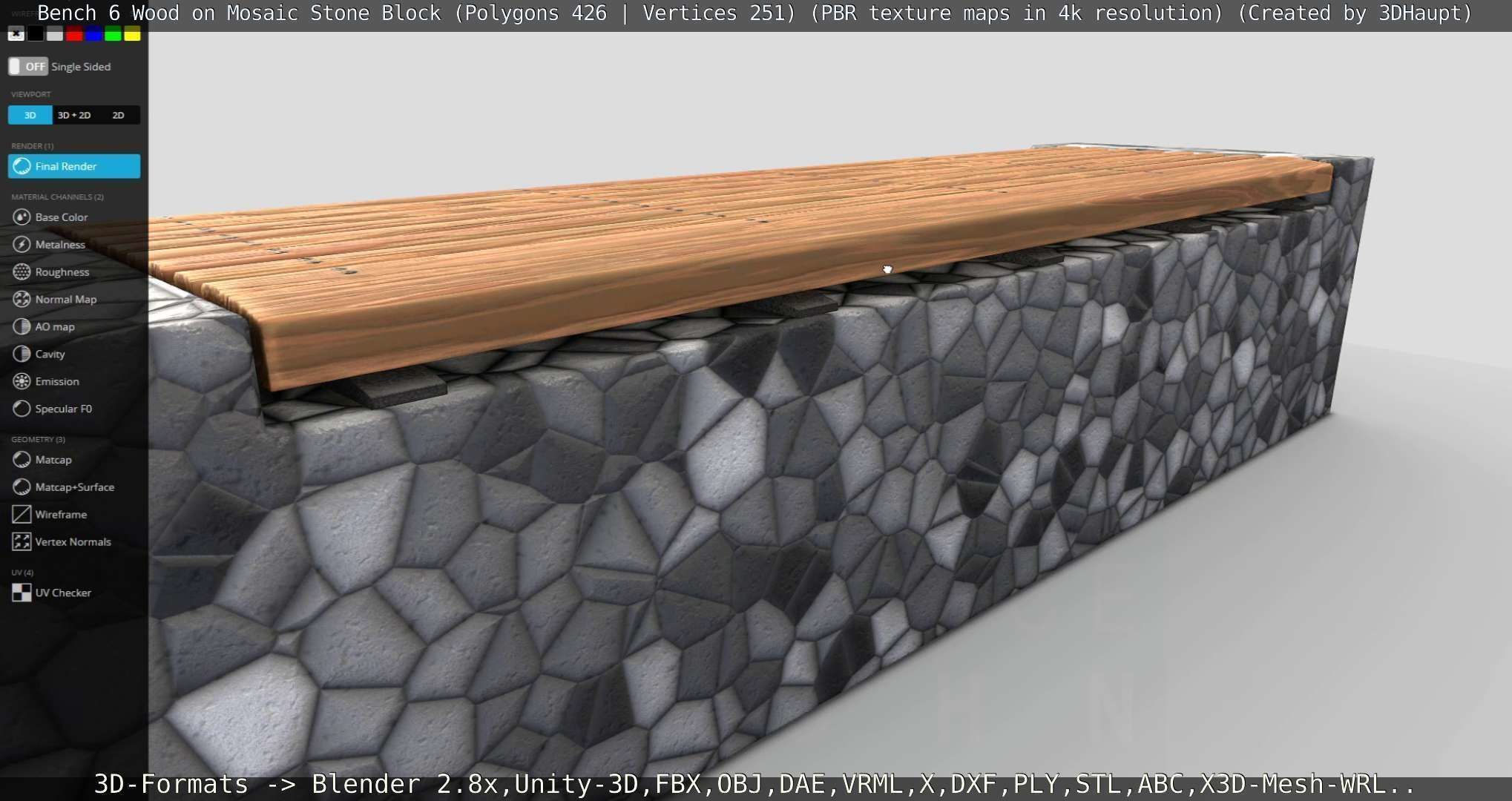Bench 6 Wood on Mosaic Stone Block Low-poly 3D model_86