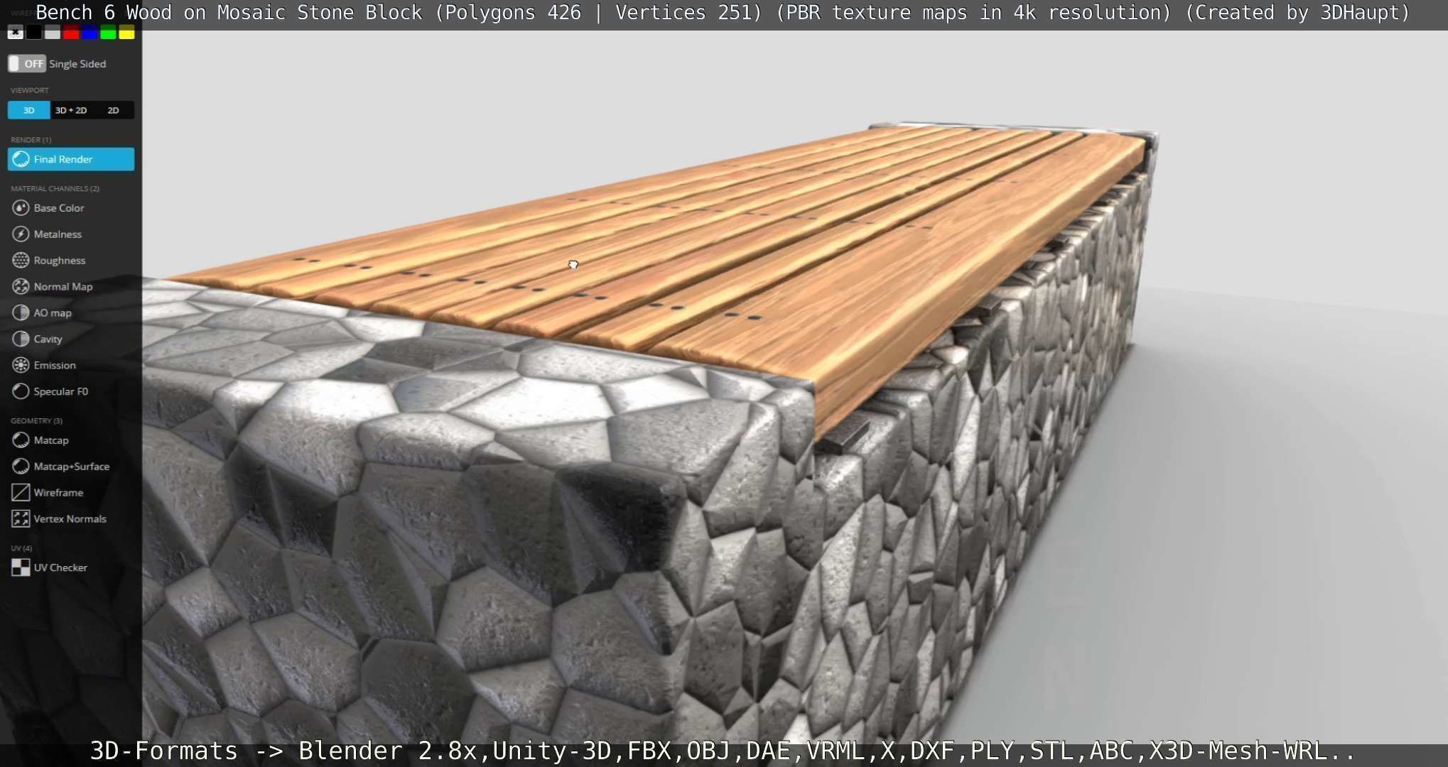Bench 6 Wood on Mosaic Stone Block Low-poly 3D model_85