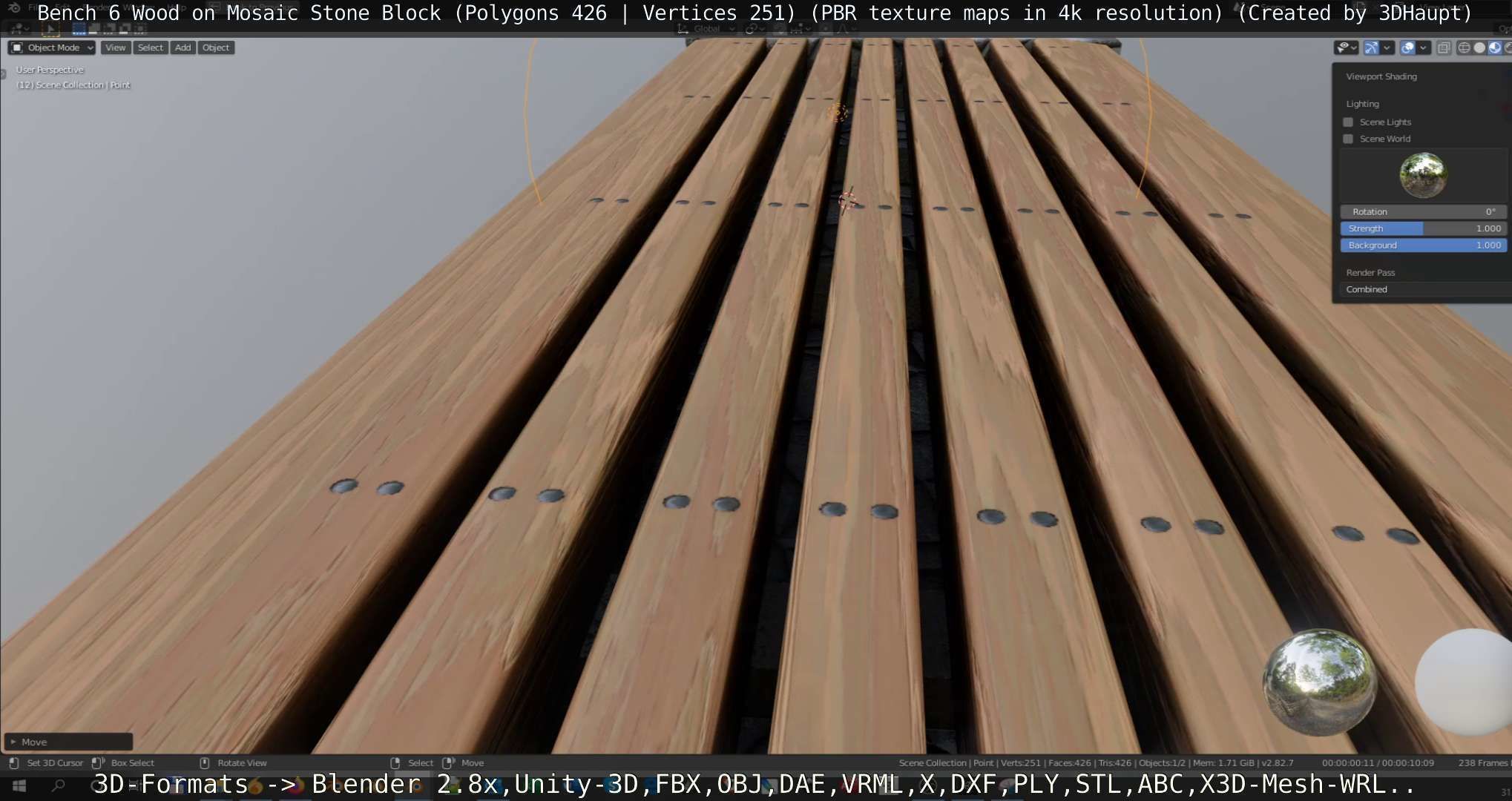 Bench 6 Wood on Mosaic Stone Block Low-poly 3D model_96