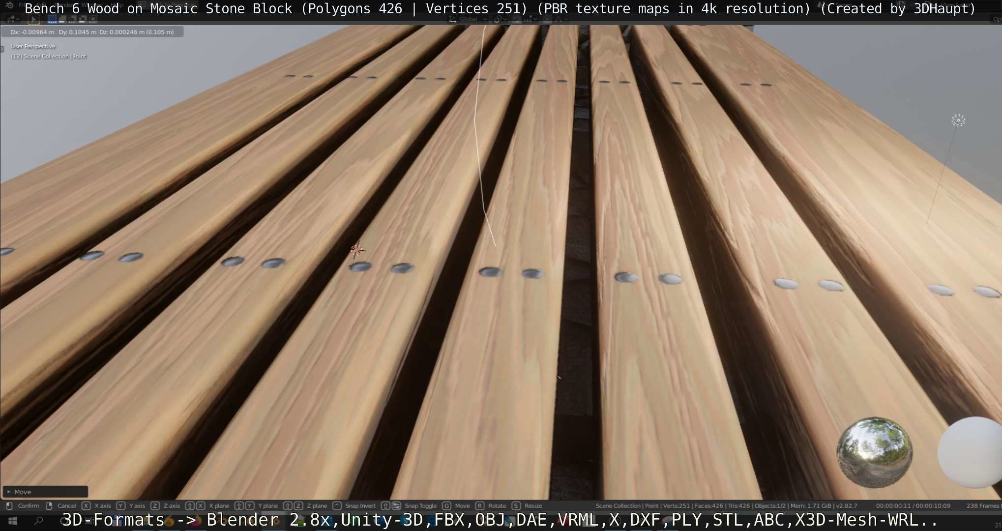 Bench 6 Wood on Mosaic Stone Block Low-poly 3D model_123