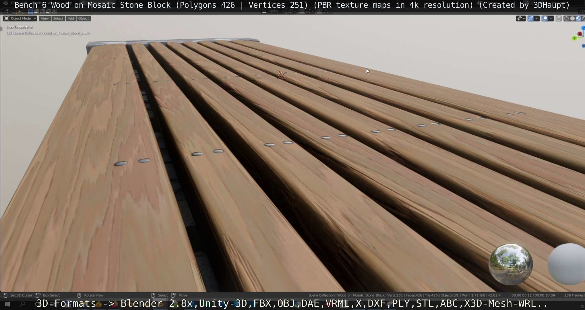 Bench 6 Wood on Mosaic Stone Block Low-poly 3D model_62