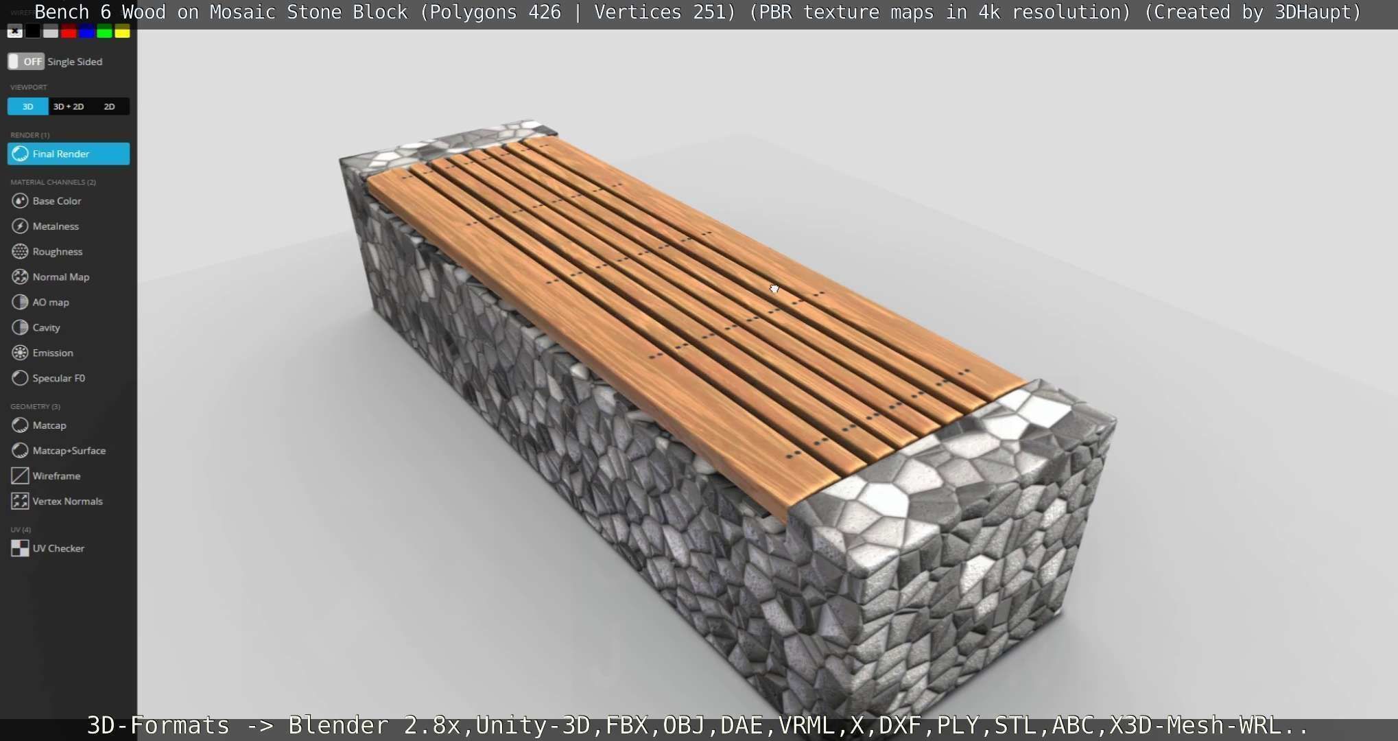 Bench 6 Wood on Mosaic Stone Block Low-poly 3D model_26
