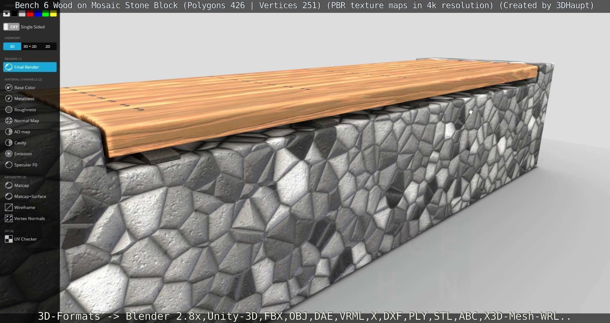 Bench 6 Wood on Mosaic Stone Block Low-poly 3D model_24
