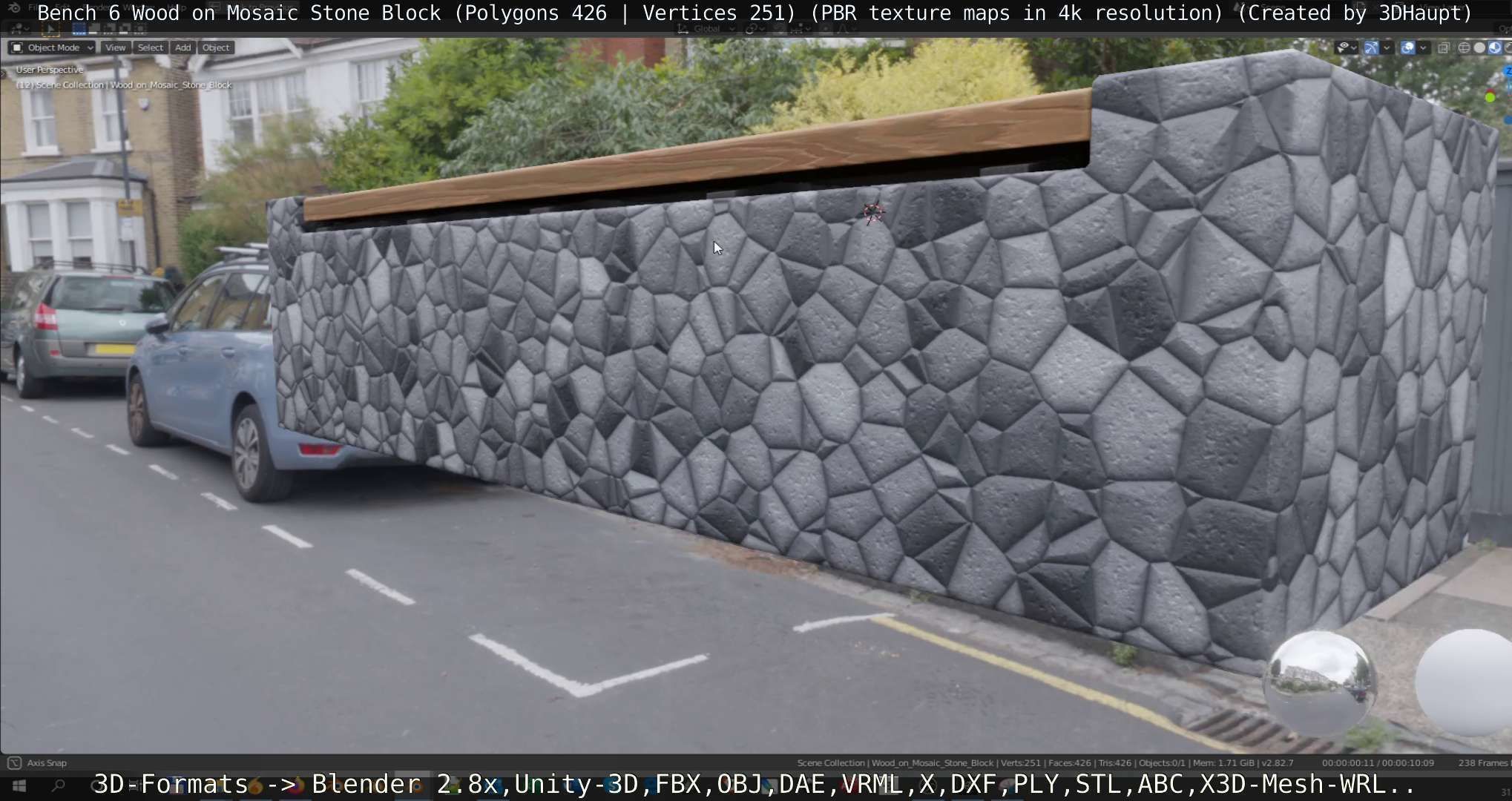 Bench 6 Wood on Mosaic Stone Block Low-poly 3D model_45