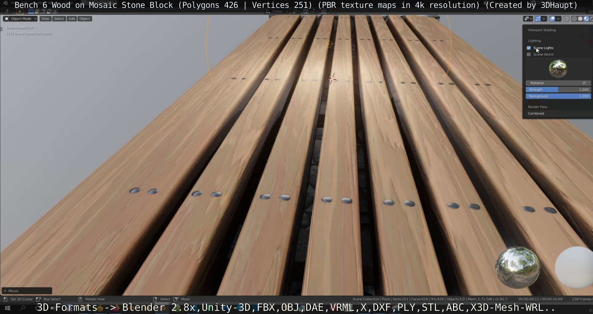 Bench 6 Wood on Mosaic Stone Block Low-poly 3D model_99