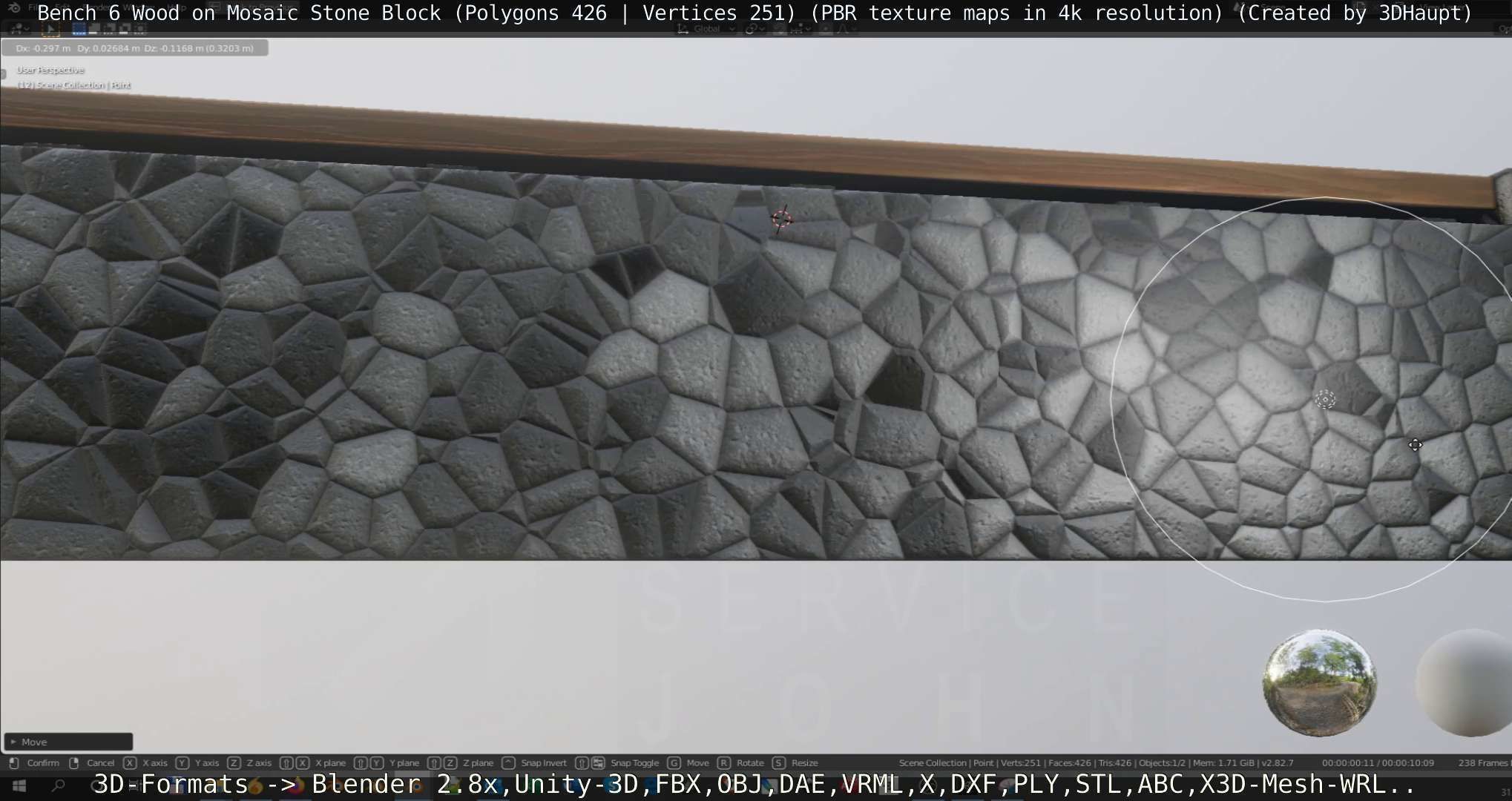 Bench 6 Wood on Mosaic Stone Block Low-poly 3D model_20