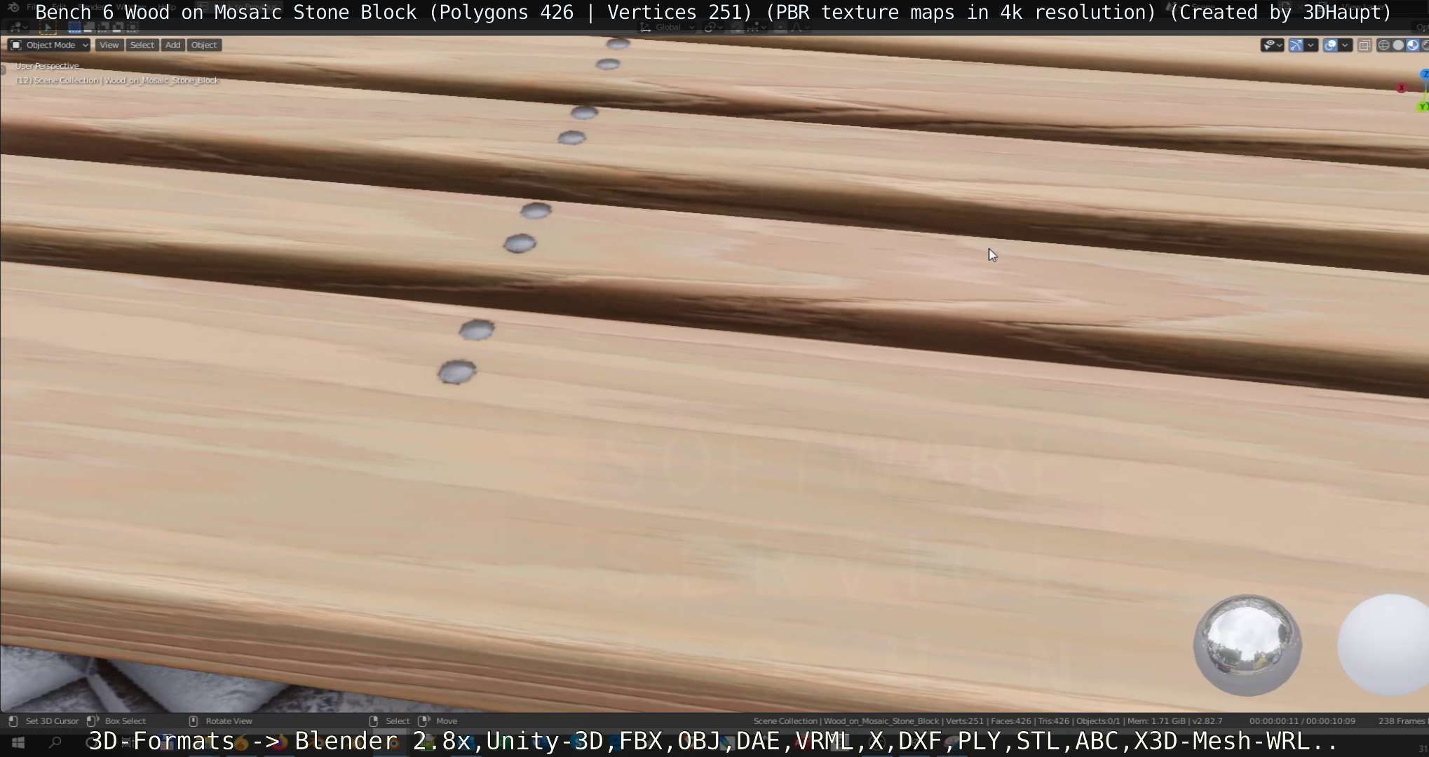 Bench 6 Wood on Mosaic Stone Block Low-poly 3D model_36