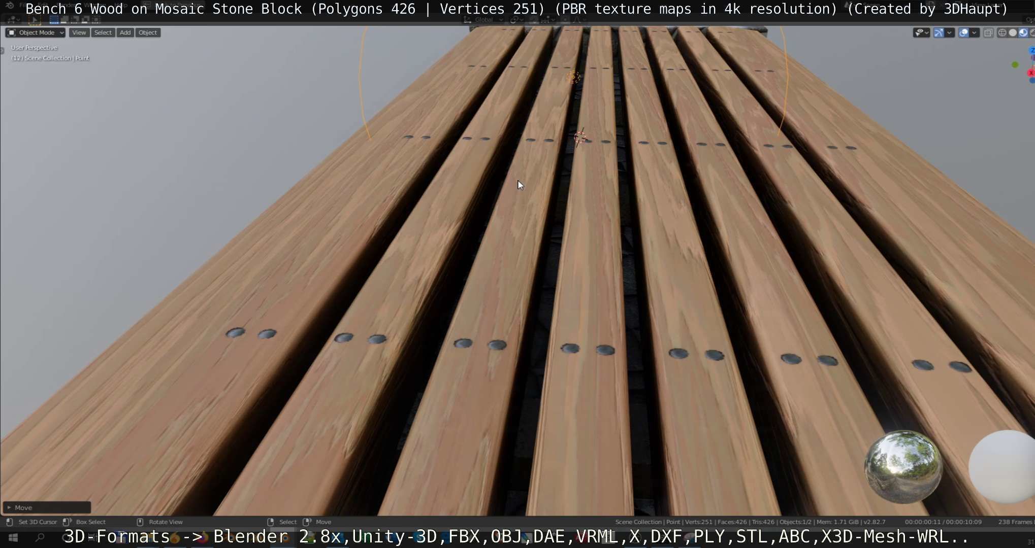 Bench 6 Wood on Mosaic Stone Block Low-poly 3D model_60