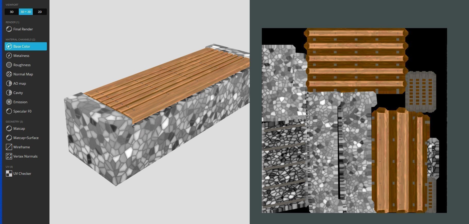 Bench 6 Wood on Mosaic Stone Block Low-poly 3D model_7