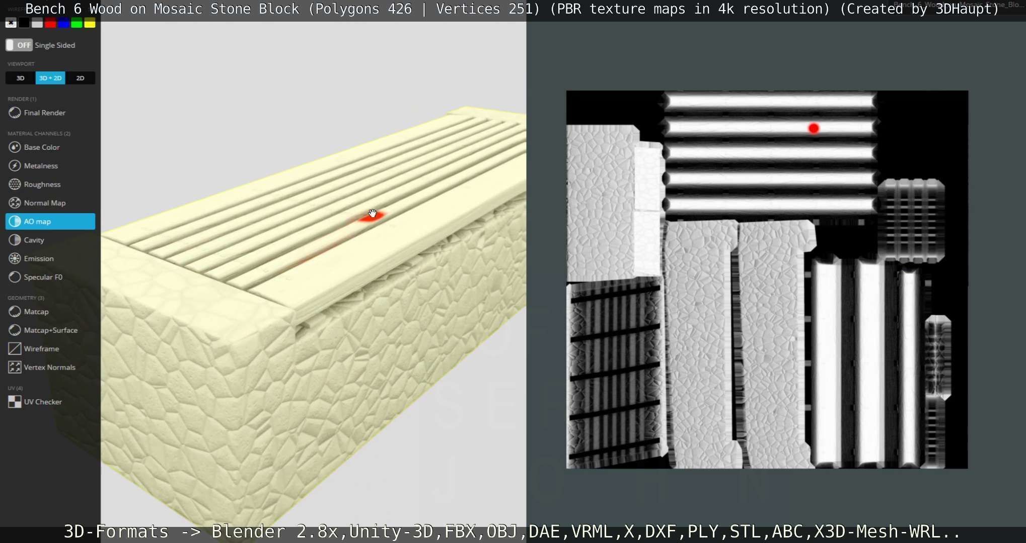 Bench 6 Wood on Mosaic Stone Block Low-poly 3D model_98