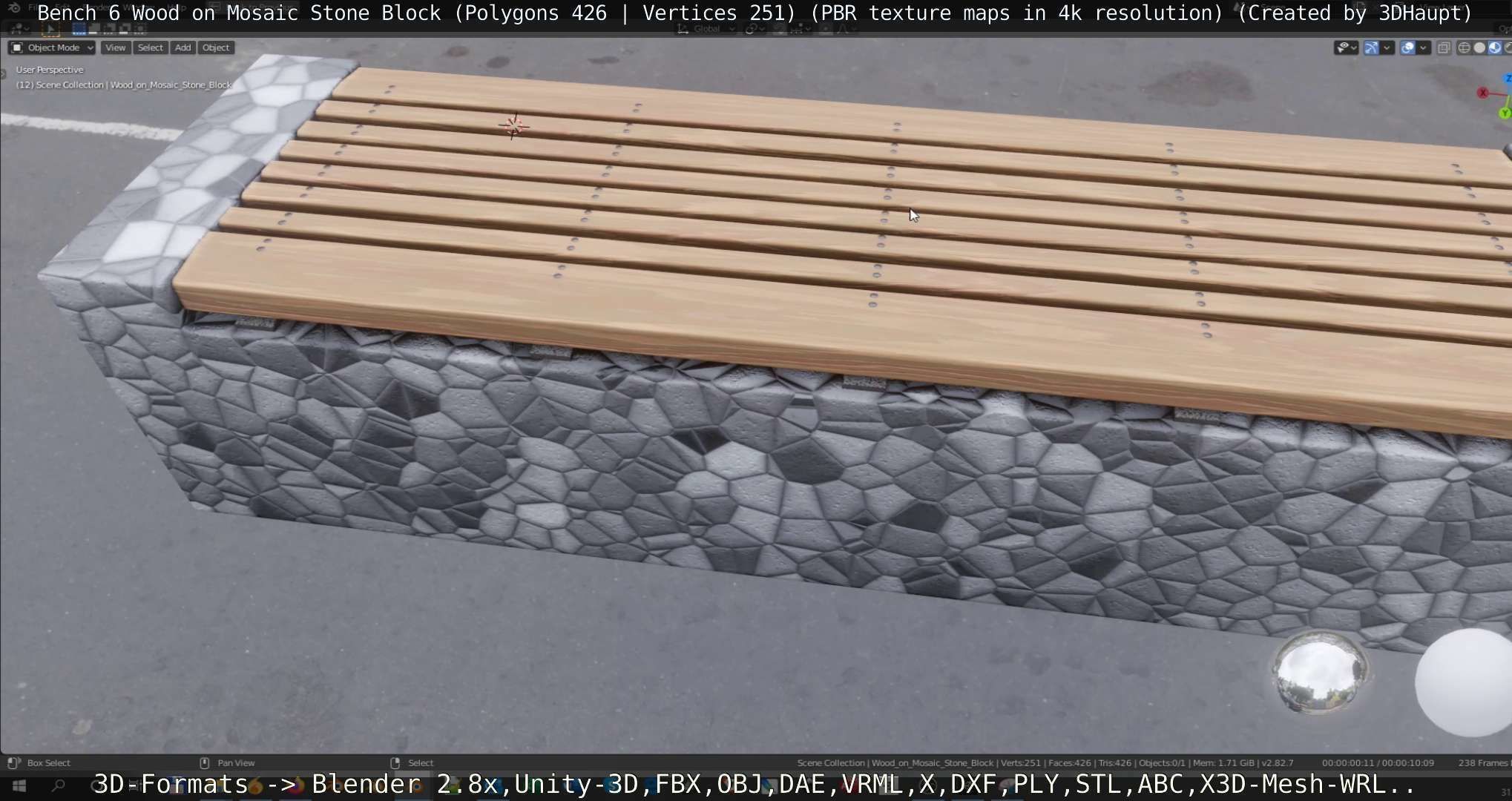 Bench 6 Wood on Mosaic Stone Block Low-poly 3D model_51
