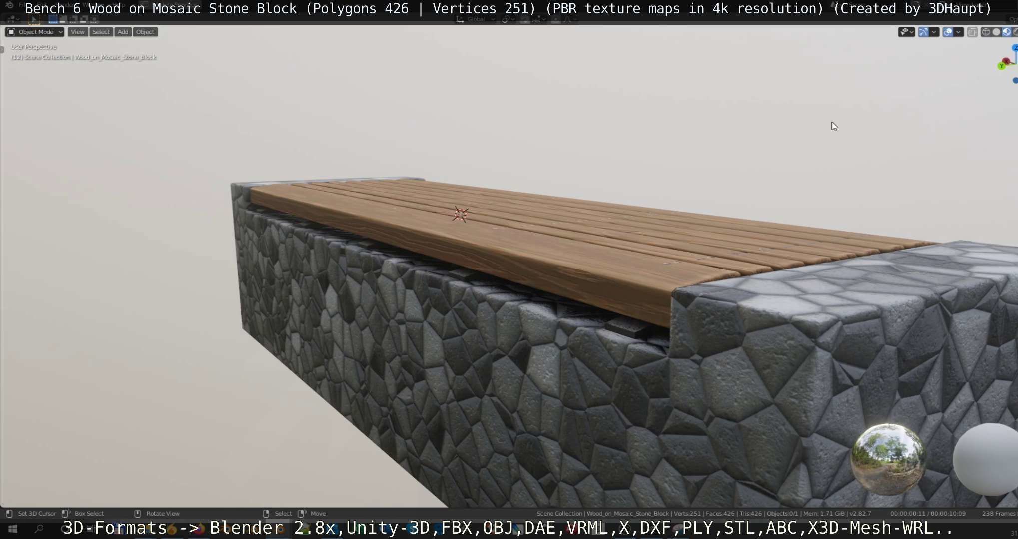 Bench 6 Wood on Mosaic Stone Block Low-poly 3D model_47