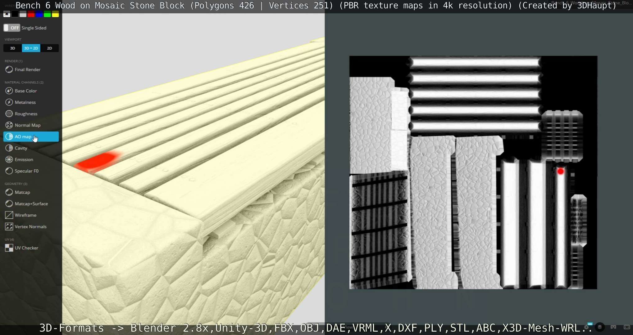 Bench 6 Wood on Mosaic Stone Block Low-poly 3D model_97