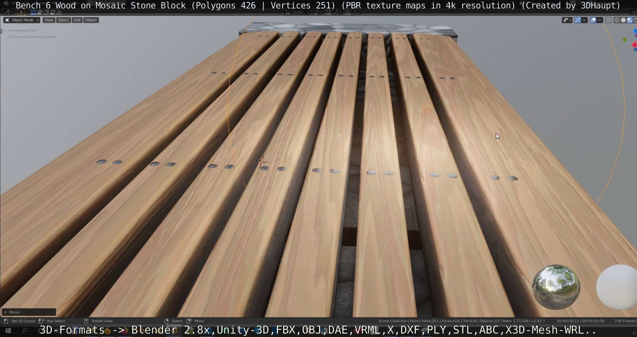 Bench 6 Wood on Mosaic Stone Block Low-poly 3D model_15