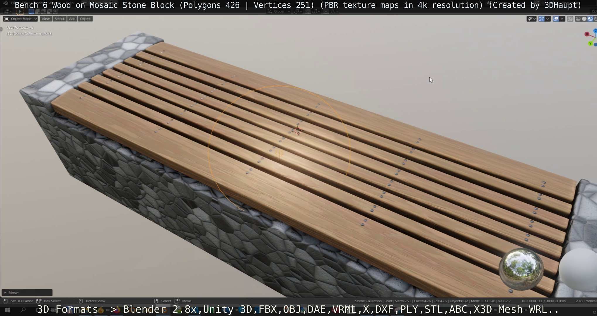 Bench 6 Wood on Mosaic Stone Block Low-poly 3D model_140