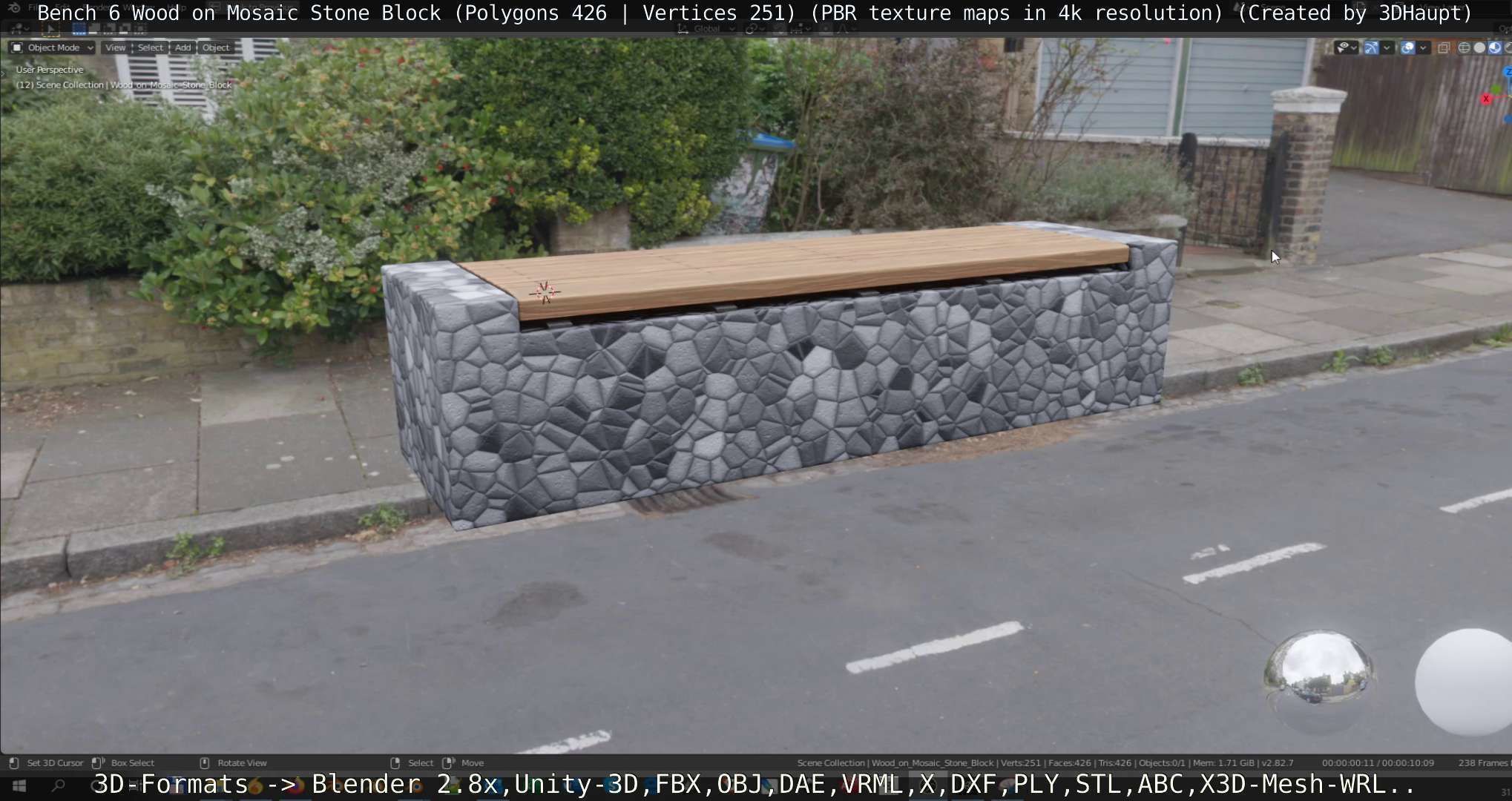 Bench 6 Wood on Mosaic Stone Block Low-poly 3D model_37