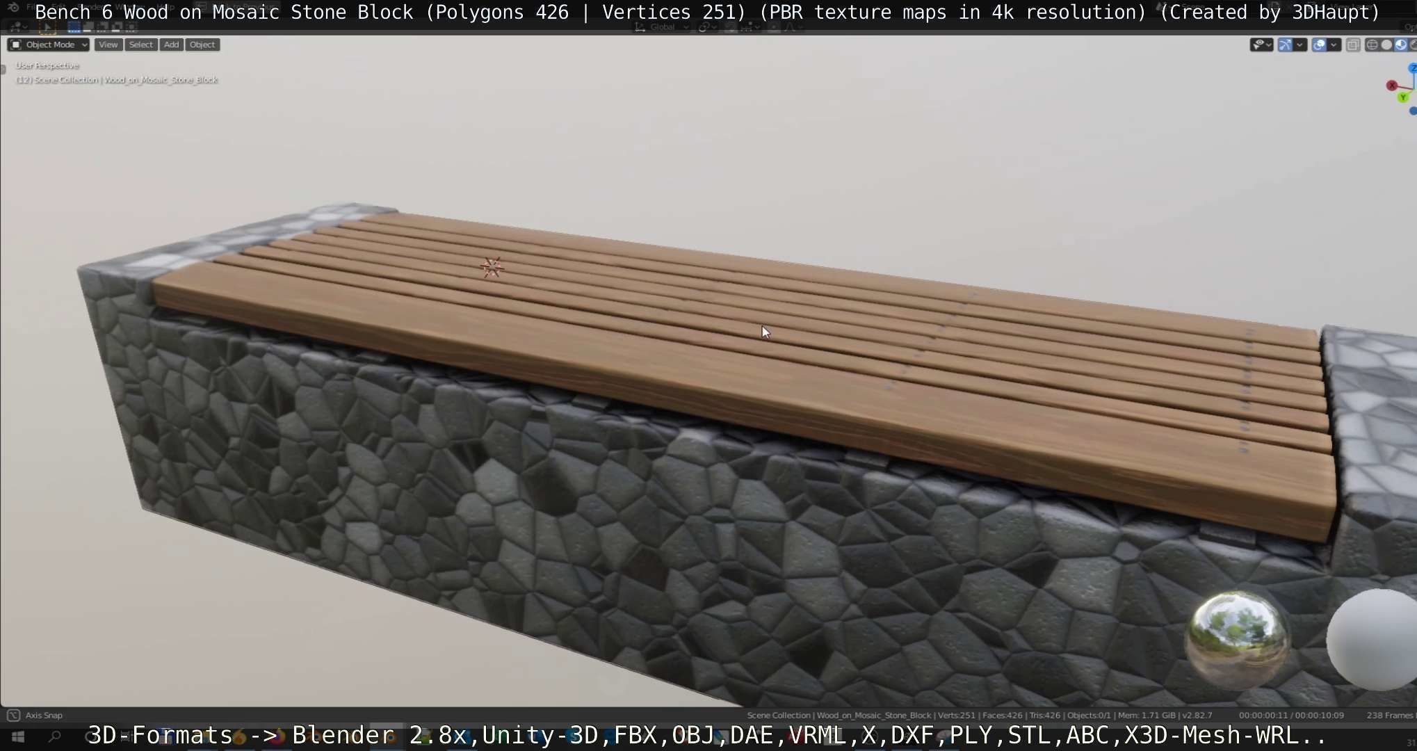 Bench 6 Wood on Mosaic Stone Block Low-poly 3D model_49