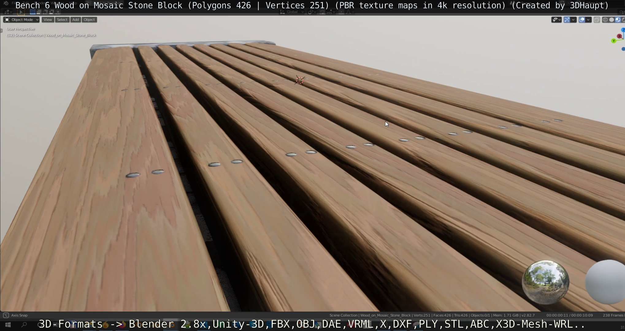 Bench 6 Wood on Mosaic Stone Block Low-poly 3D model_61