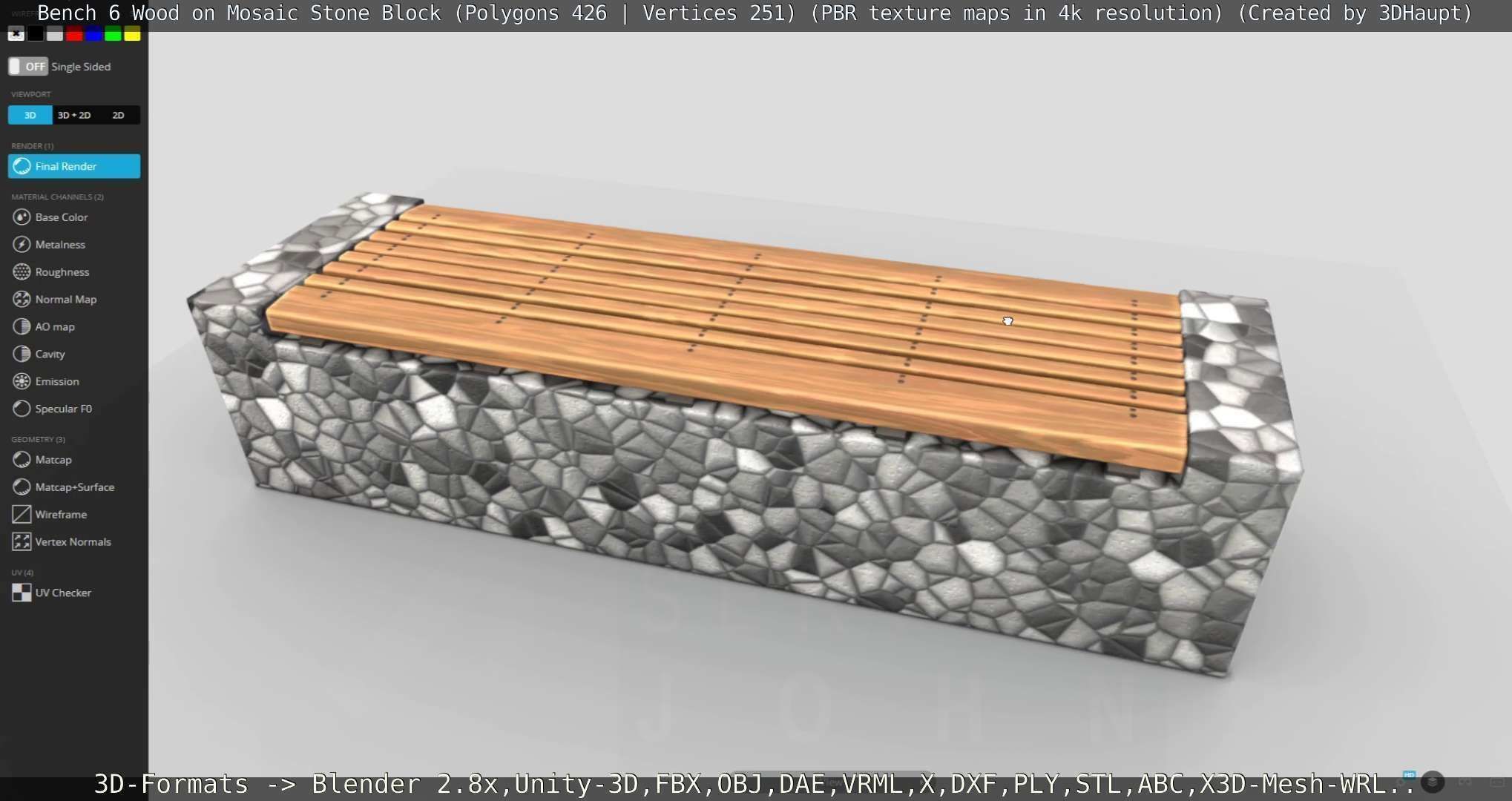 Bench 6 Wood on Mosaic Stone Block Low-poly 3D model_91