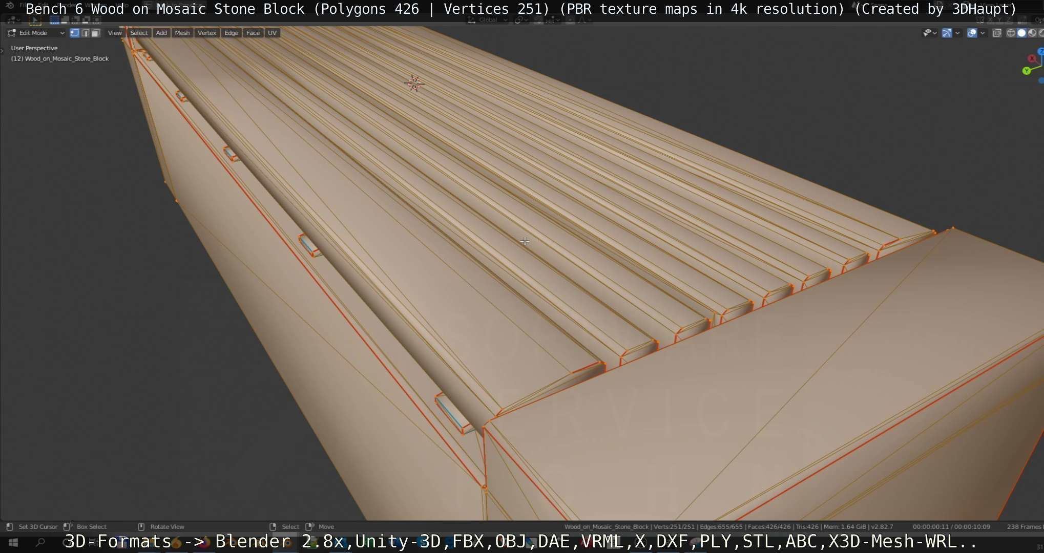 Bench 6 Wood on Mosaic Stone Block Low-poly 3D model_23