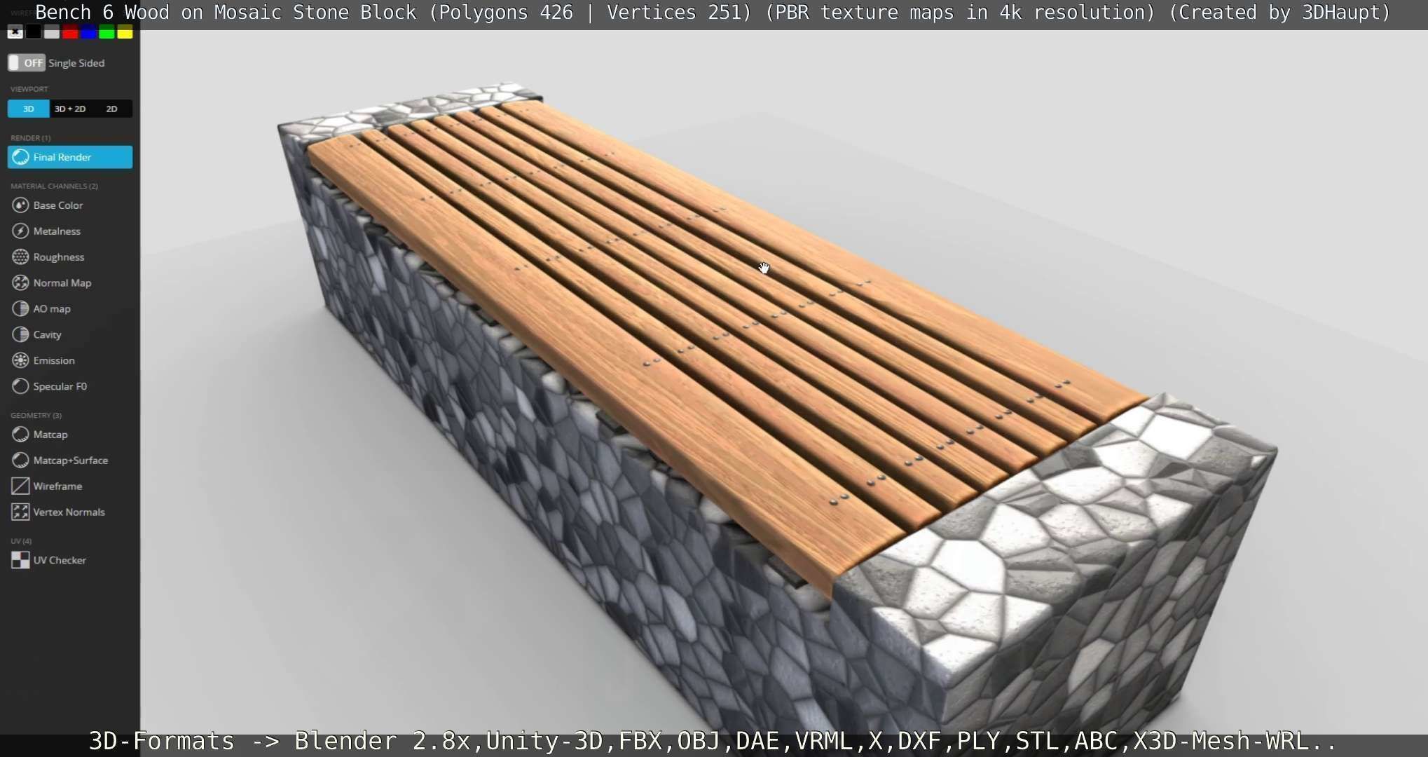 Bench 6 Wood on Mosaic Stone Block Low-poly 3D model_94