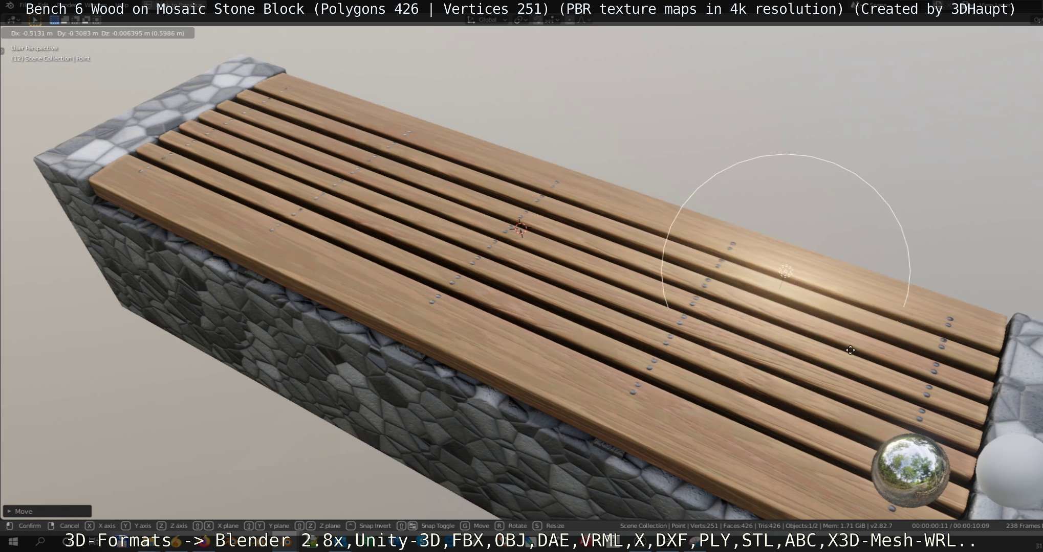 Bench 6 Wood on Mosaic Stone Block Low-poly 3D model_16