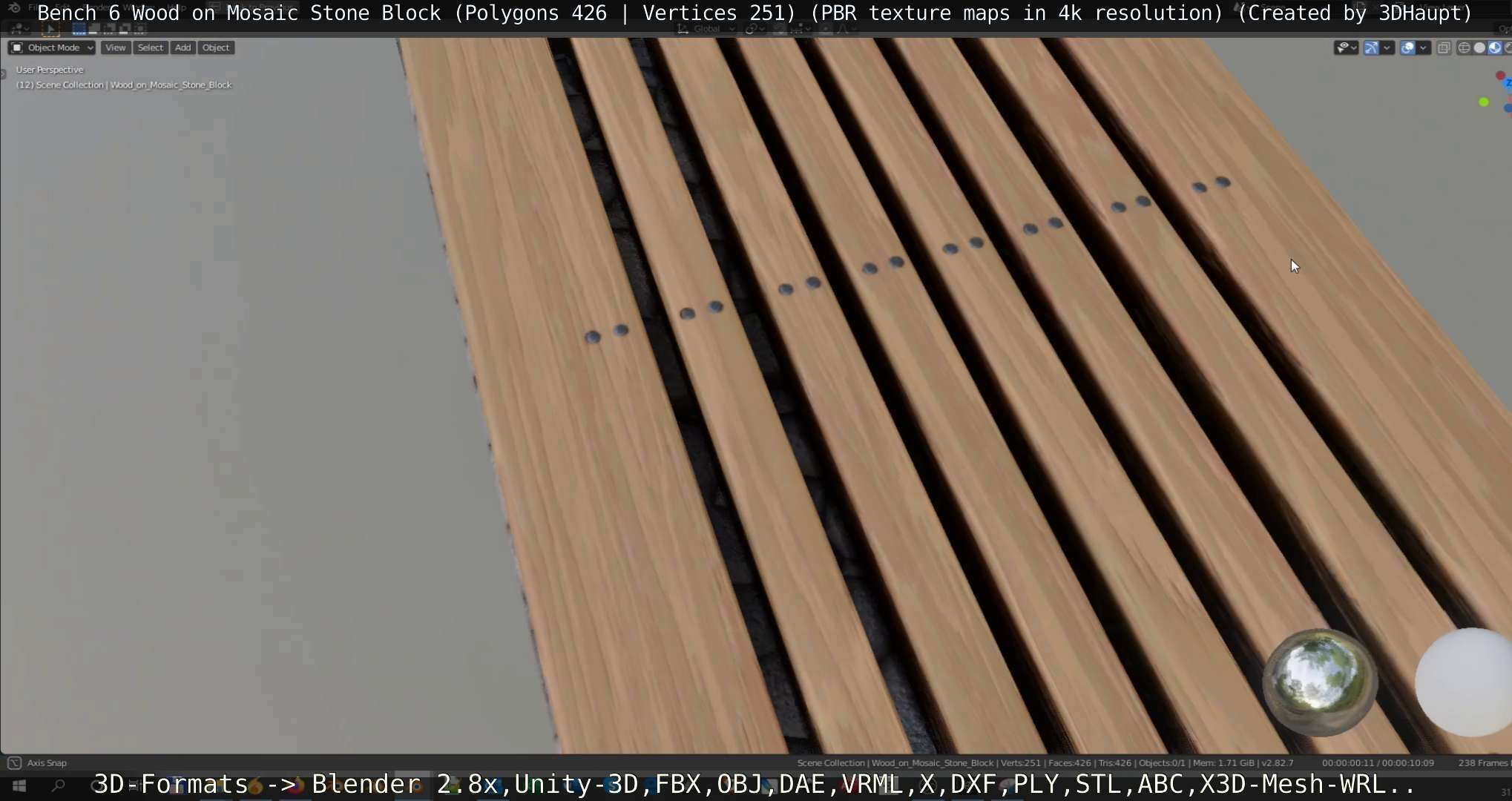 Bench 6 Wood on Mosaic Stone Block Low-poly 3D model_64