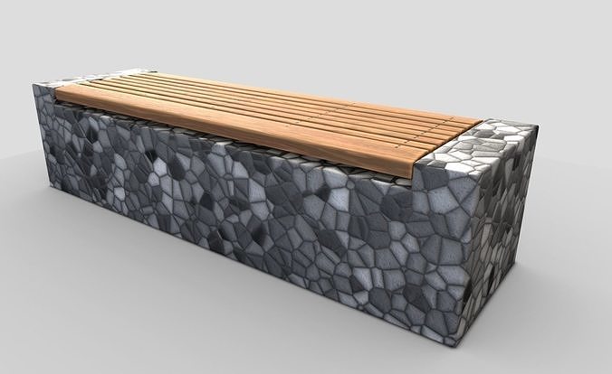 Bench 6 Wood on Mosaic Stone Block Low-poly 3D model