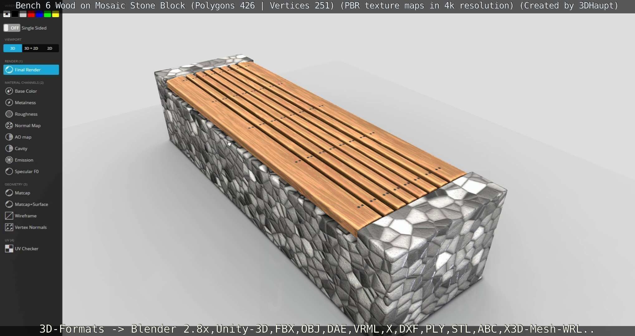Bench 6 Wood on Mosaic Stone Block Low-poly 3D model_93