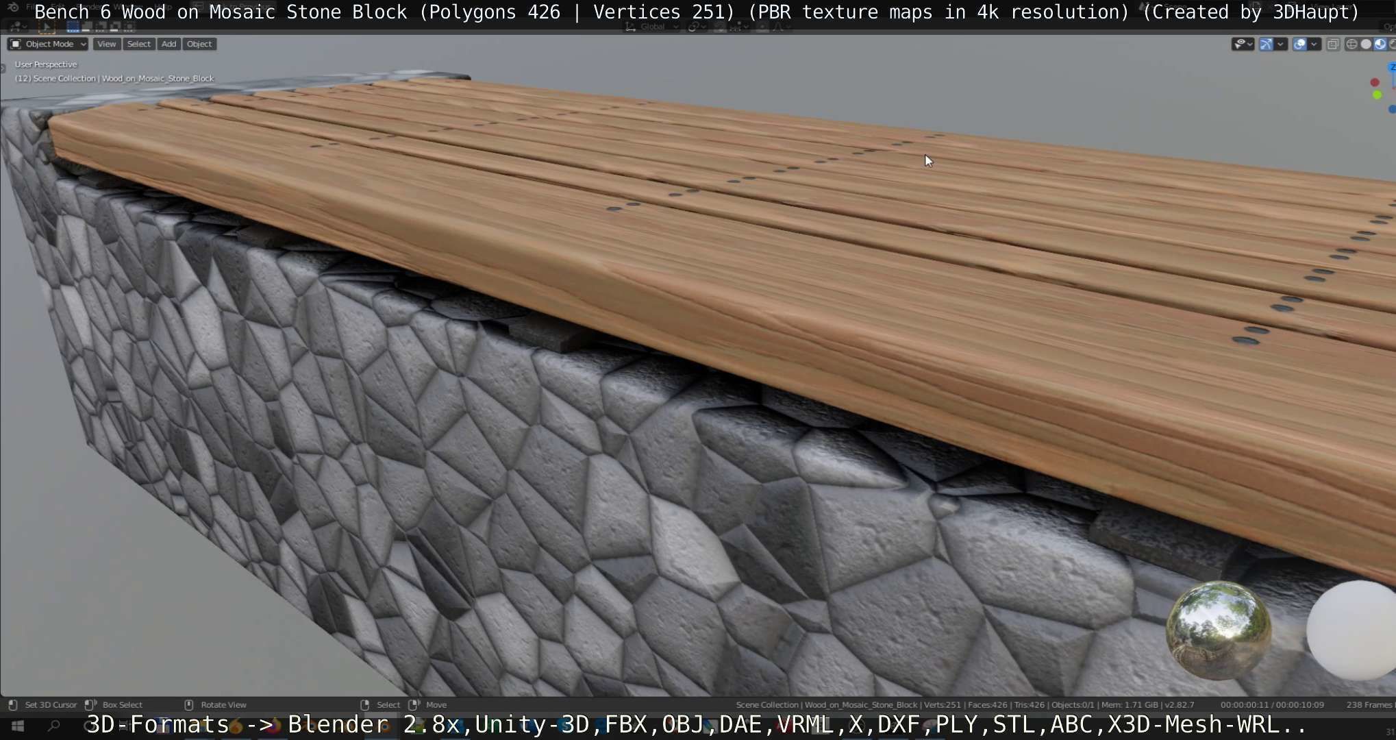 Bench 6 Wood on Mosaic Stone Block Low-poly 3D model_65