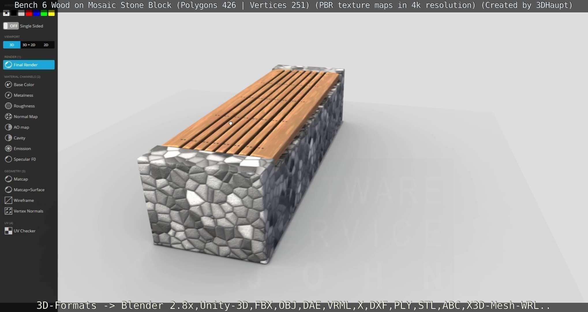 Bench 6 Wood on Mosaic Stone Block Low-poly 3D model_82