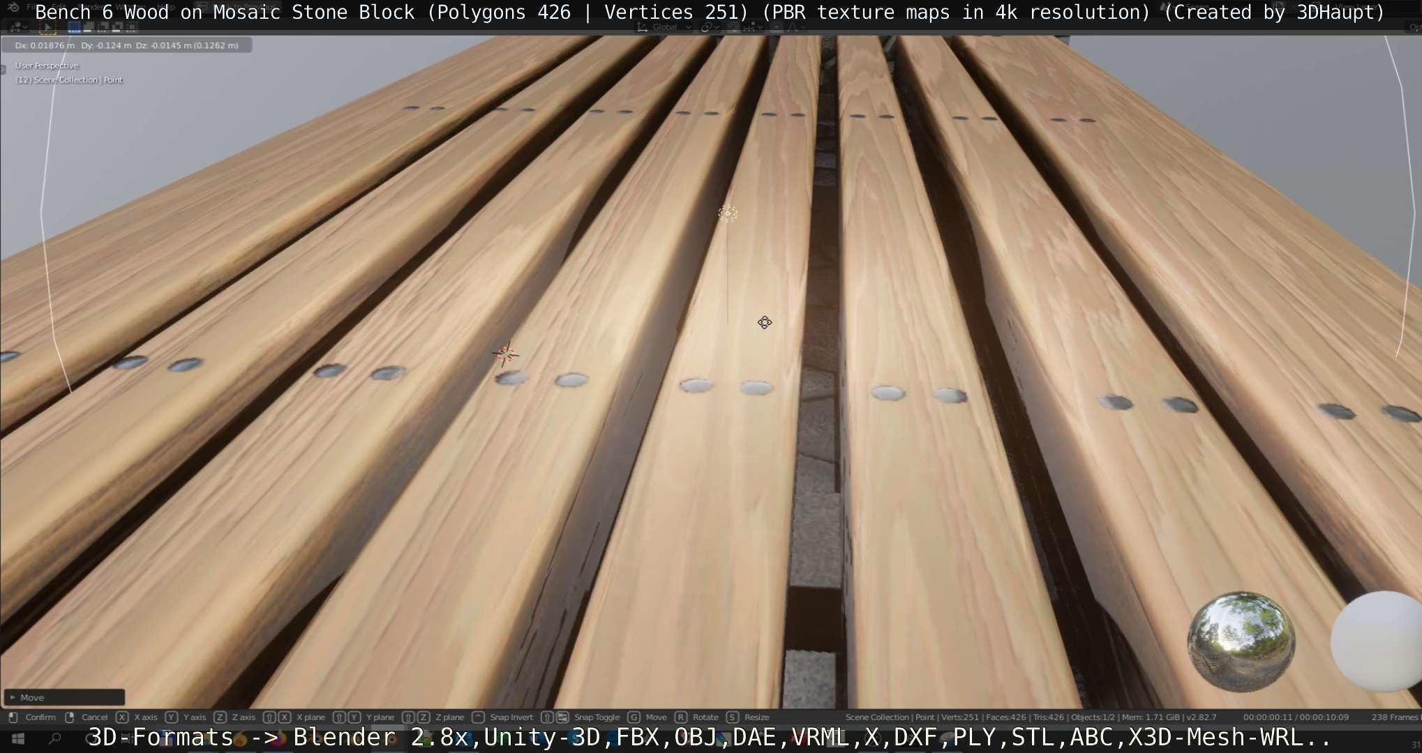 Bench 6 Wood on Mosaic Stone Block Low-poly 3D model_120