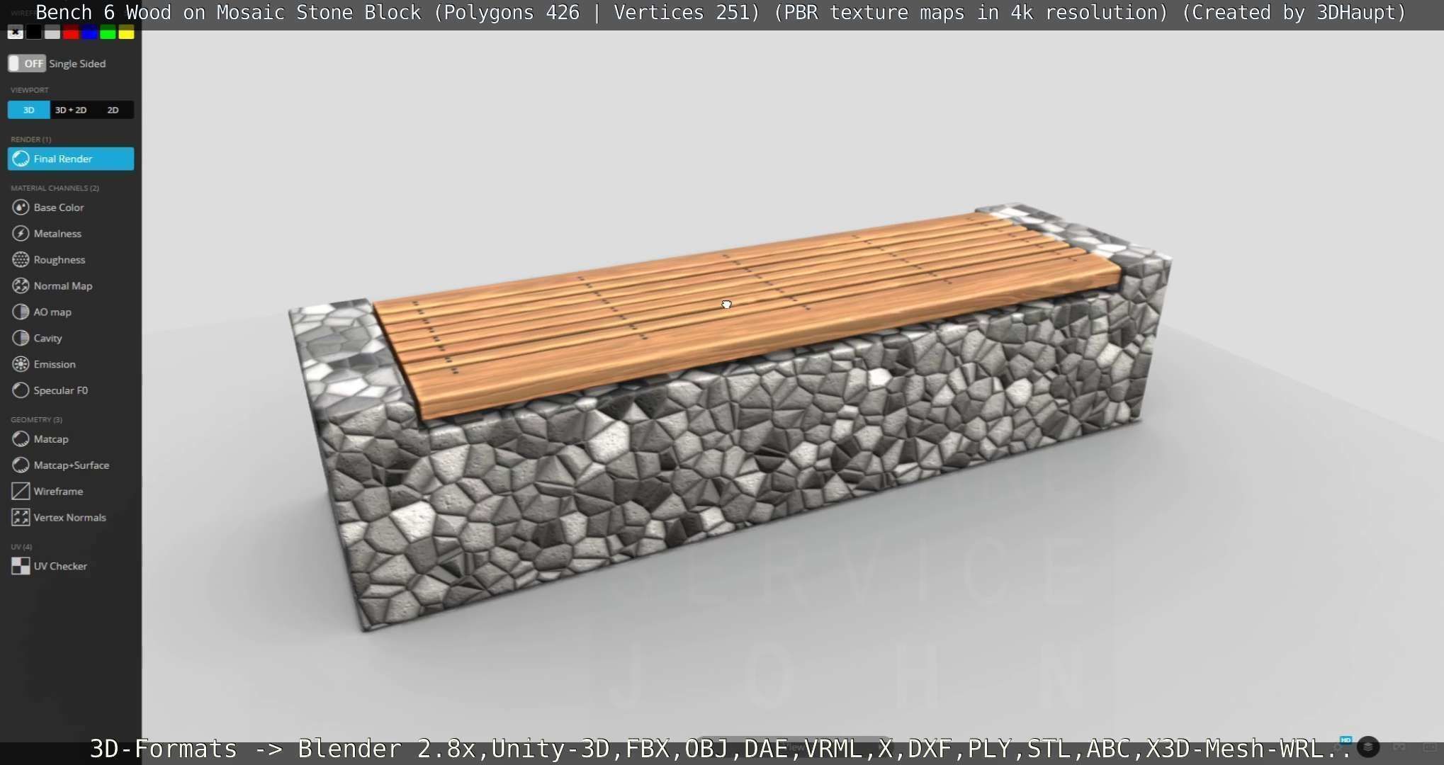 Bench 6 Wood on Mosaic Stone Block Low-poly 3D model_83