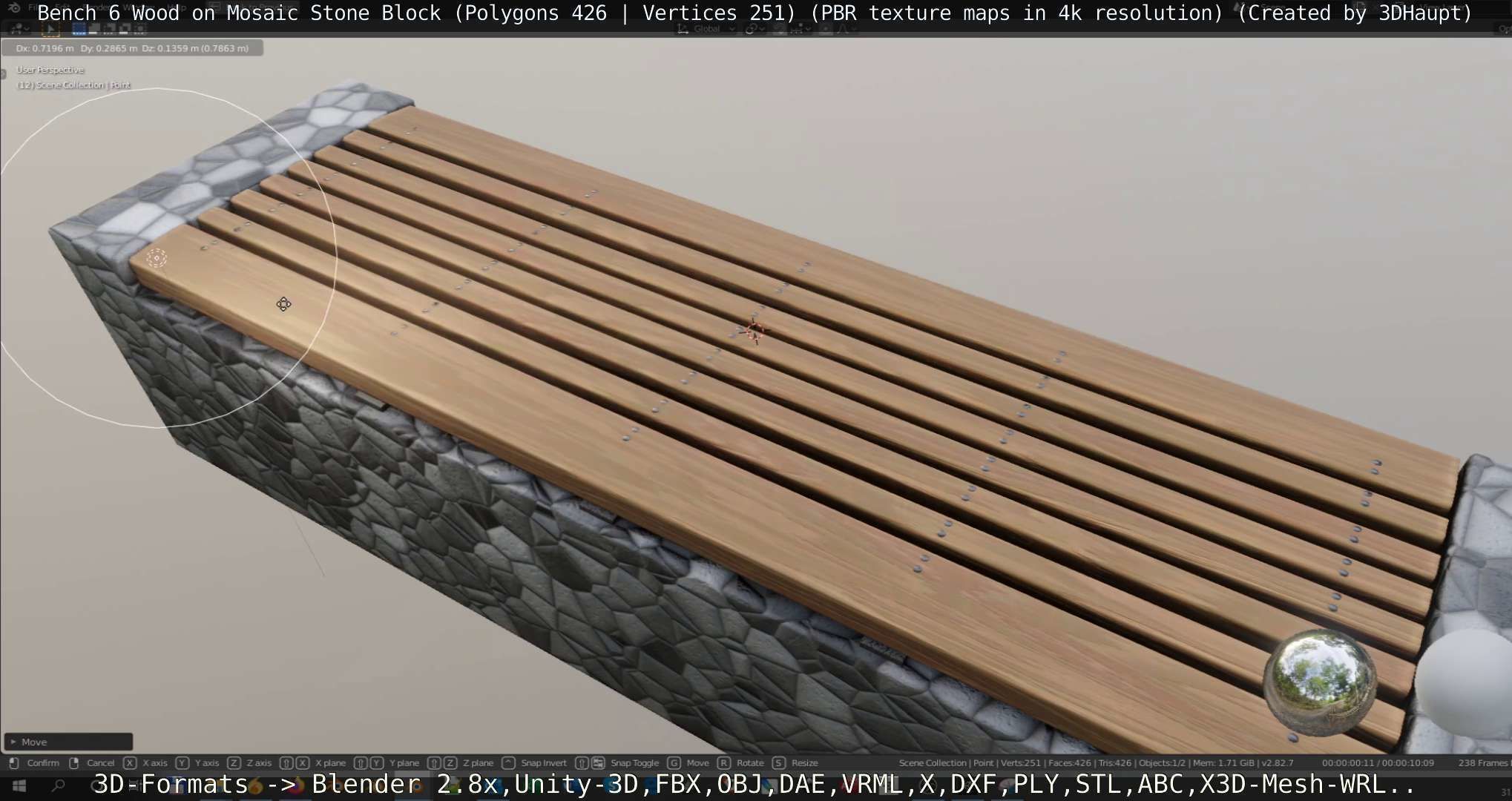 Bench 6 Wood on Mosaic Stone Block Low-poly 3D model_137