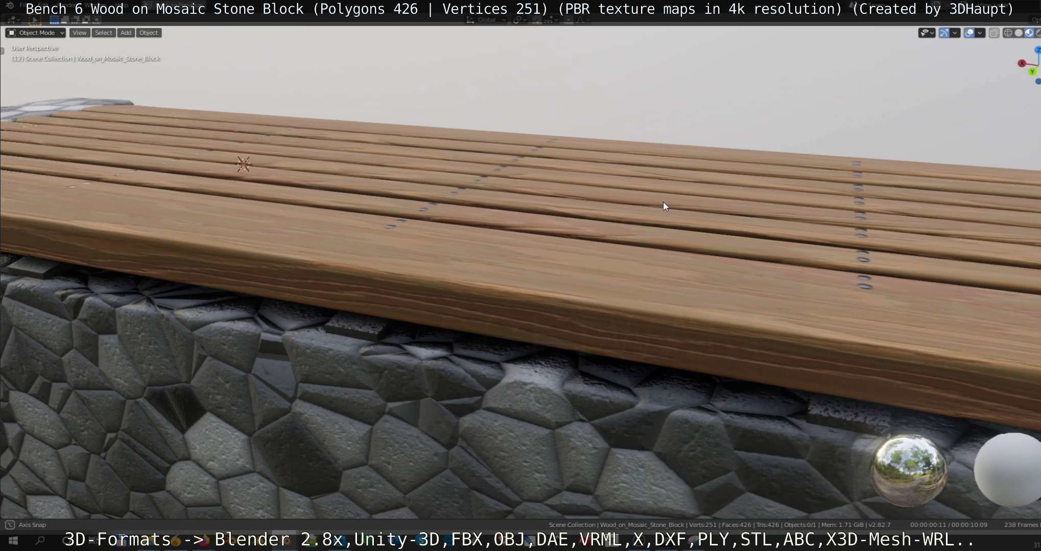 Bench 6 Wood on Mosaic Stone Block Low-poly 3D model_40