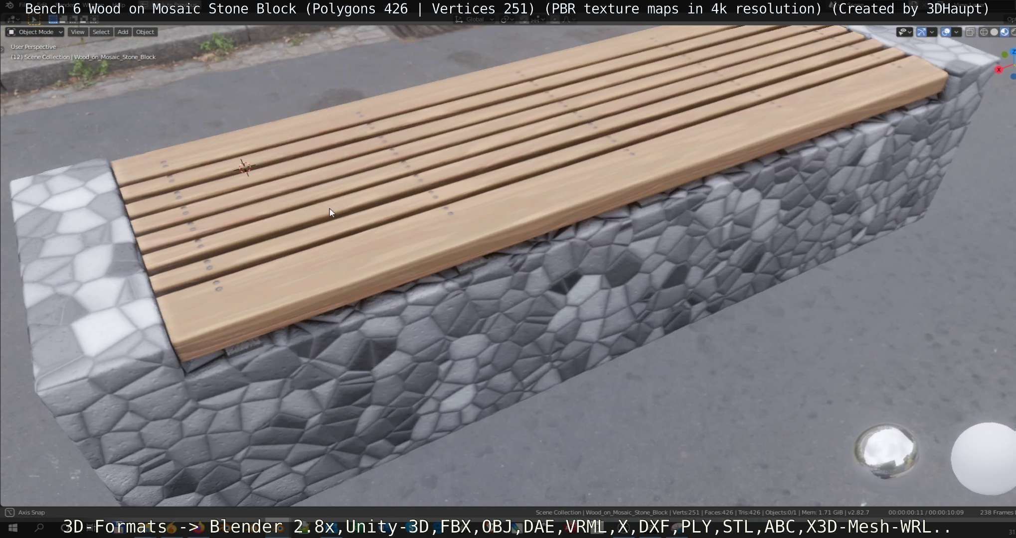 Bench 6 Wood on Mosaic Stone Block Low-poly 3D model_25