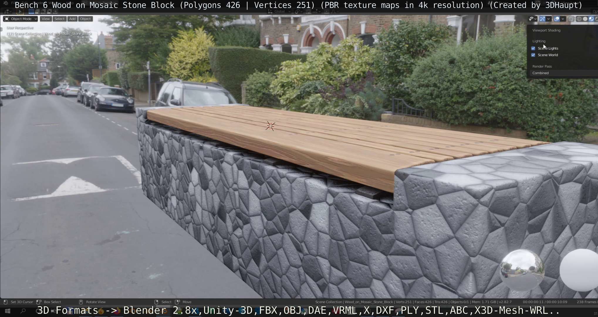 Bench 6 Wood on Mosaic Stone Block Low-poly 3D model_39