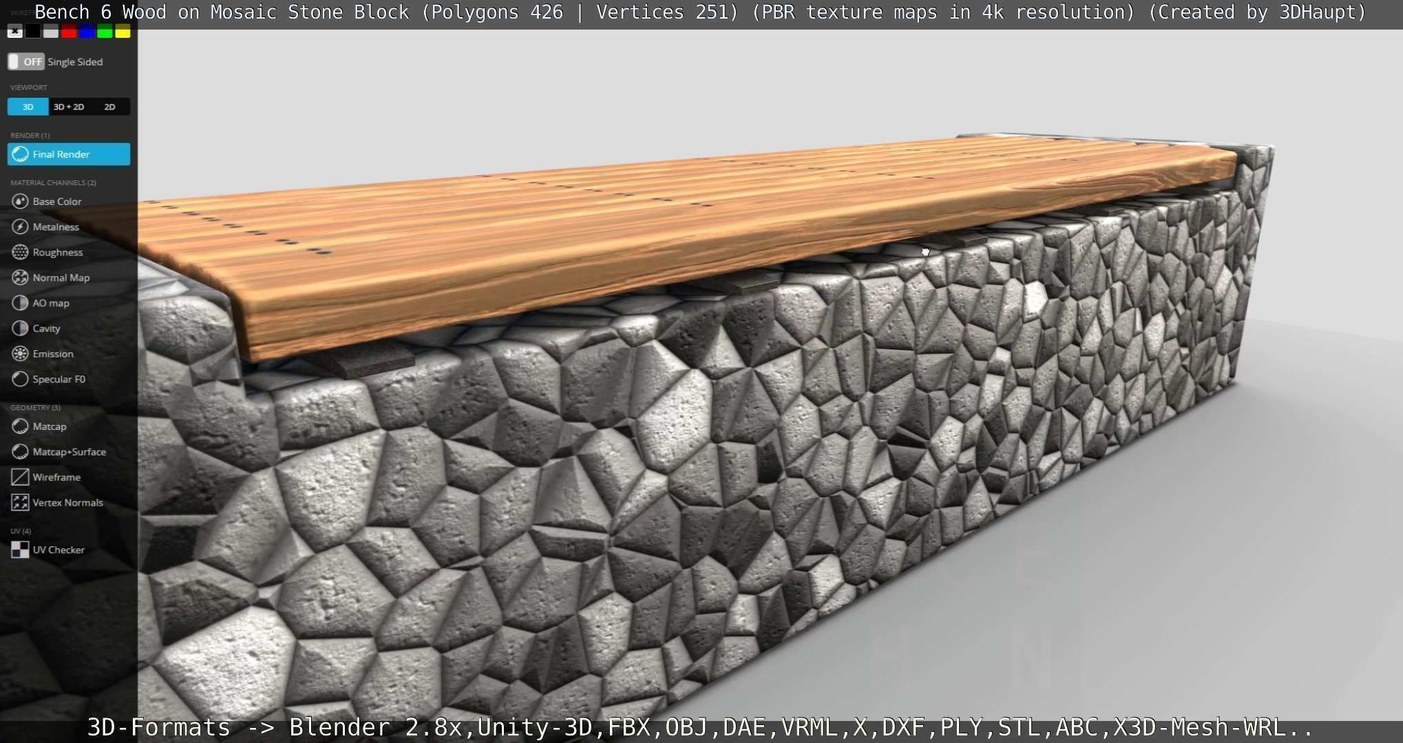 Bench 6 Wood on Mosaic Stone Block Low-poly 3D model_87