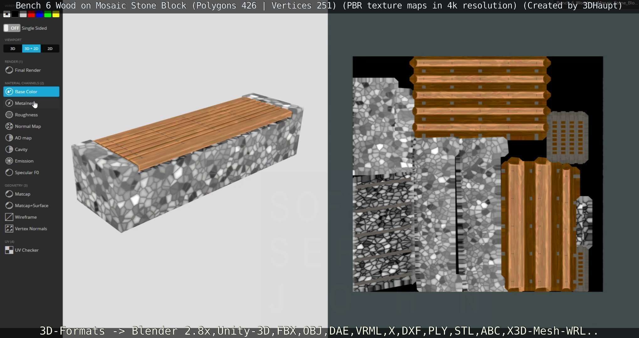 Bench 6 Wood on Mosaic Stone Block Low-poly 3D model_27