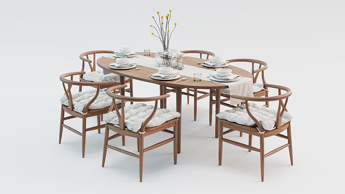 Wooden Dining Table and Chairs Set Low-poly 3D model