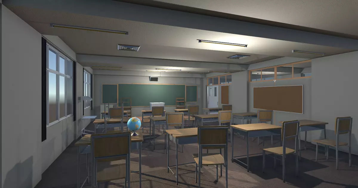 classroom with desks and chairs Low-poly 3D model_4