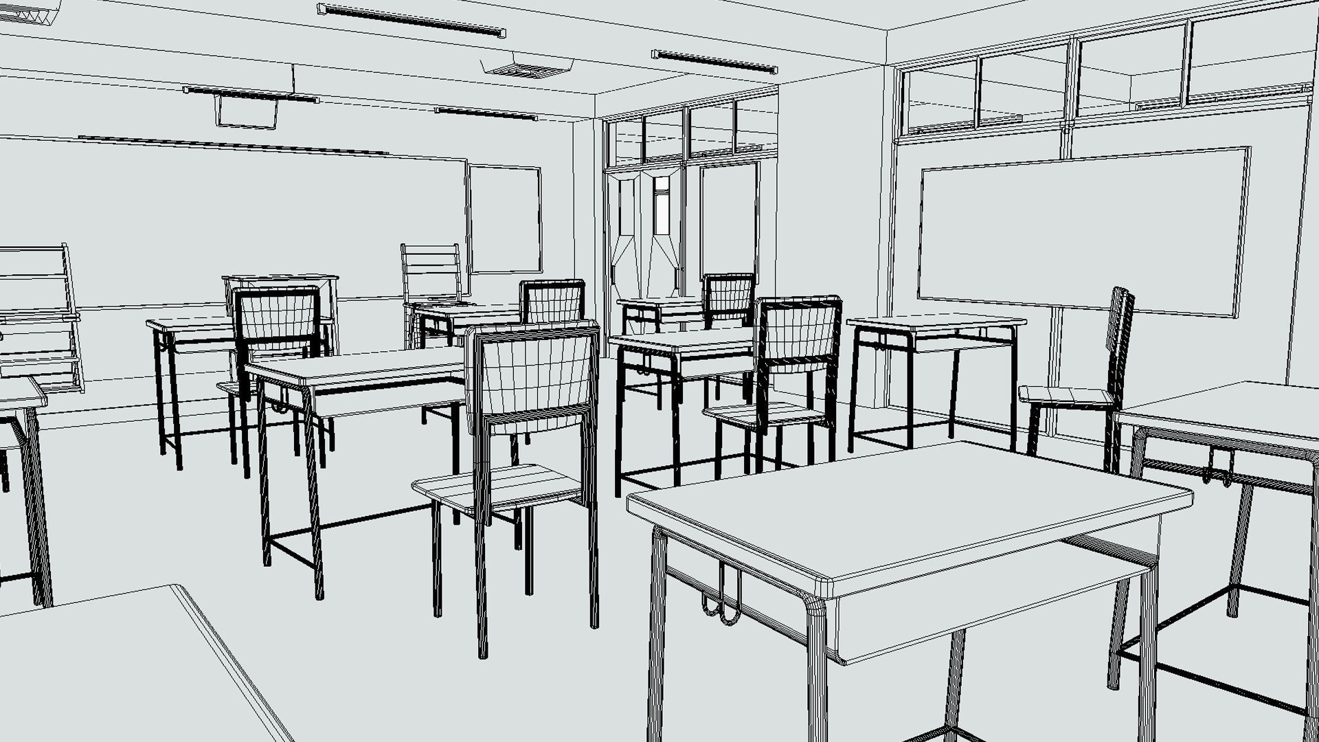 classroom with desks and chairs Low-poly 3D model_8
