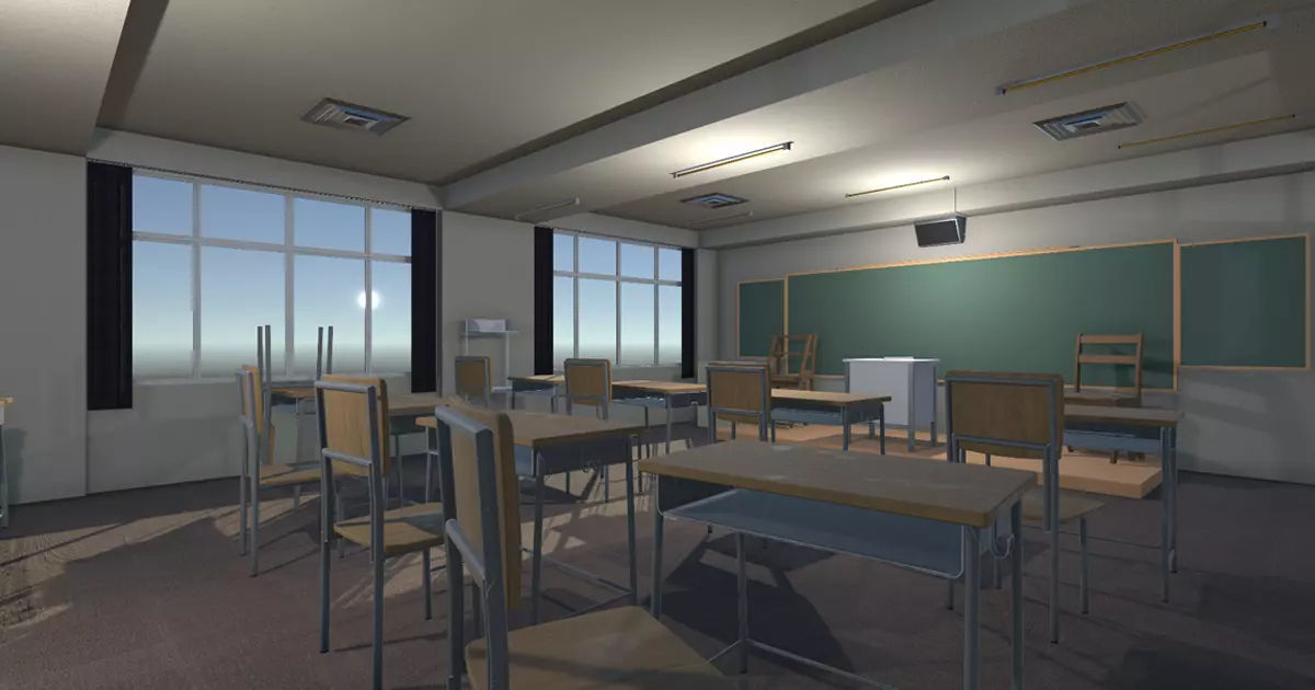 classroom with desks and chairs Low-poly 3D model_5