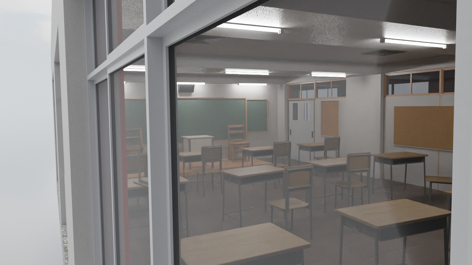 classroom with desks and chairs Low-poly 3D model_3